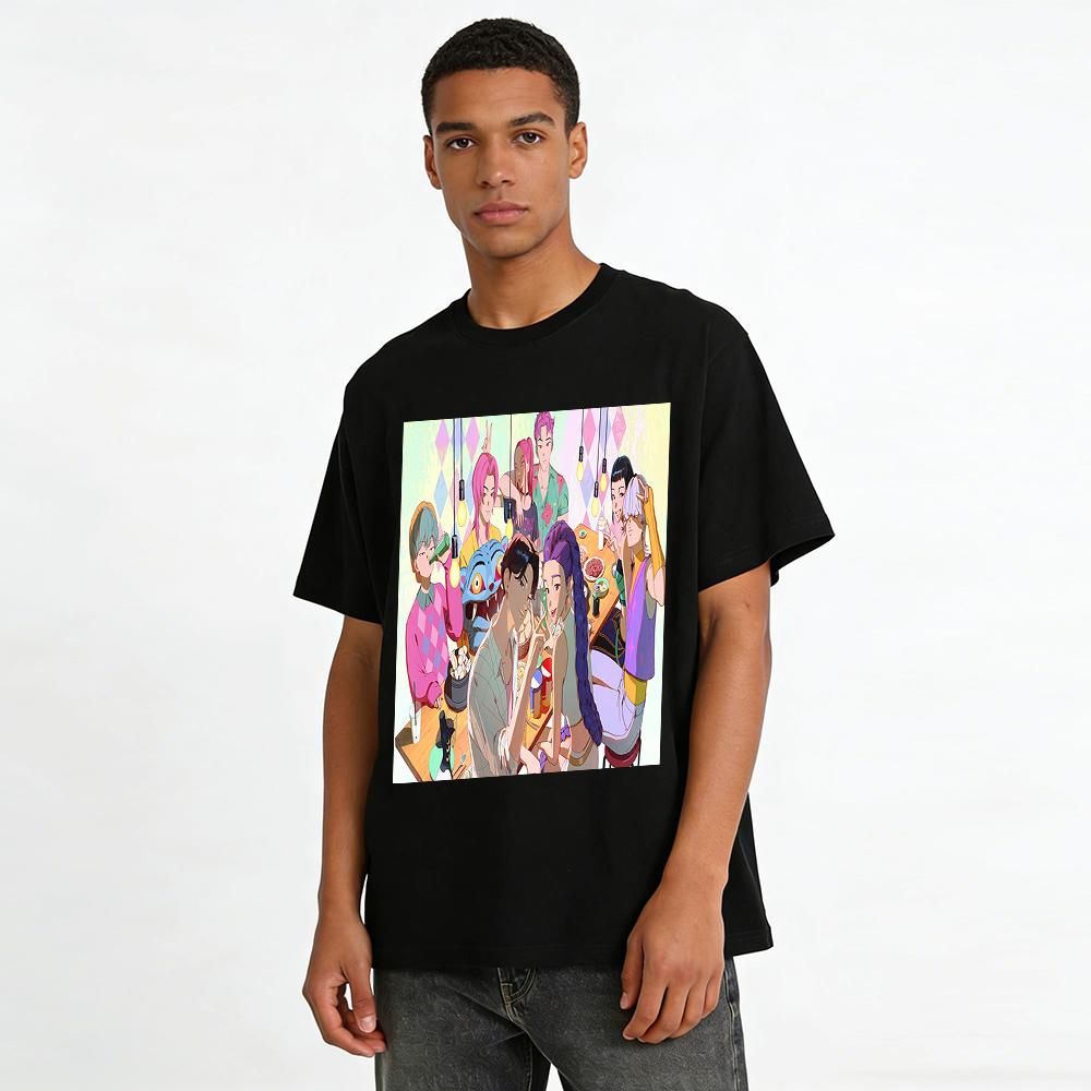 Anime Characters Print T-shirt Trendy Party Style Loose Casual Top For Men And Women Streetwear Pure Cotton T-shirt