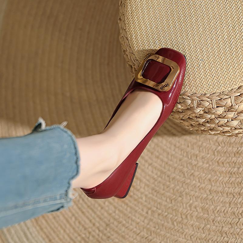 Customized~ Low-heeled Single Shoes Femininity 2025 Spring and Autumn New Patent Leather Square-headed Grandma Shoes Red Thick-heeled High Heels