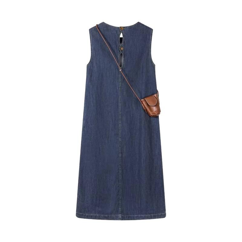 Retro Korean Style Sleeveless Denim Maxi Dress with Round Neck – Slimming and Loose Fit for Women