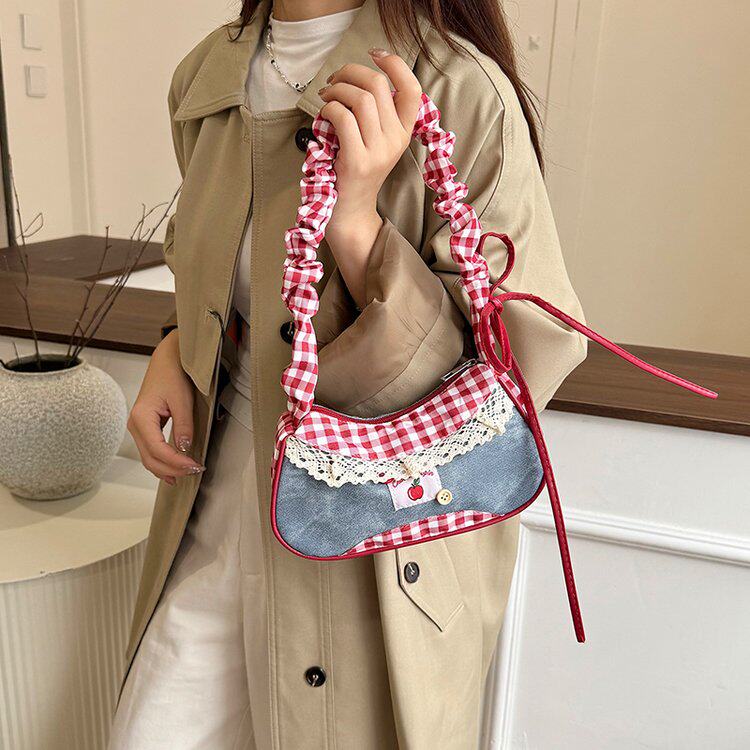 Borsa a mano coreana a blocchi di colore Borsa a tracolla in denim a quadri rossi e patchwork Borsa a tracolla in pizzo Y2k Borsa quadrata piccola con cerniera da ragazza dolce