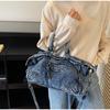 Vintage Washed Denim Tote Bag With Rivet Detail Retro American Style Large Capacity Shoulder Bag For Women Y2k Motorcycle Bag