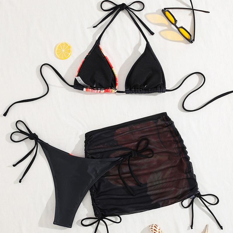 Sexy Laced Up Print Bikini Mesh Skirt 3 Piece Set Women Split Swimsuit Beach Bikini New Summer Swimwear Bikini Set