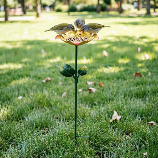 Metal Flower Garden Stake Bird Bath for Outside Freestanding Bath Bowl with Stake Hummingbird Feeder Station for Yard Lawn Garden Decor