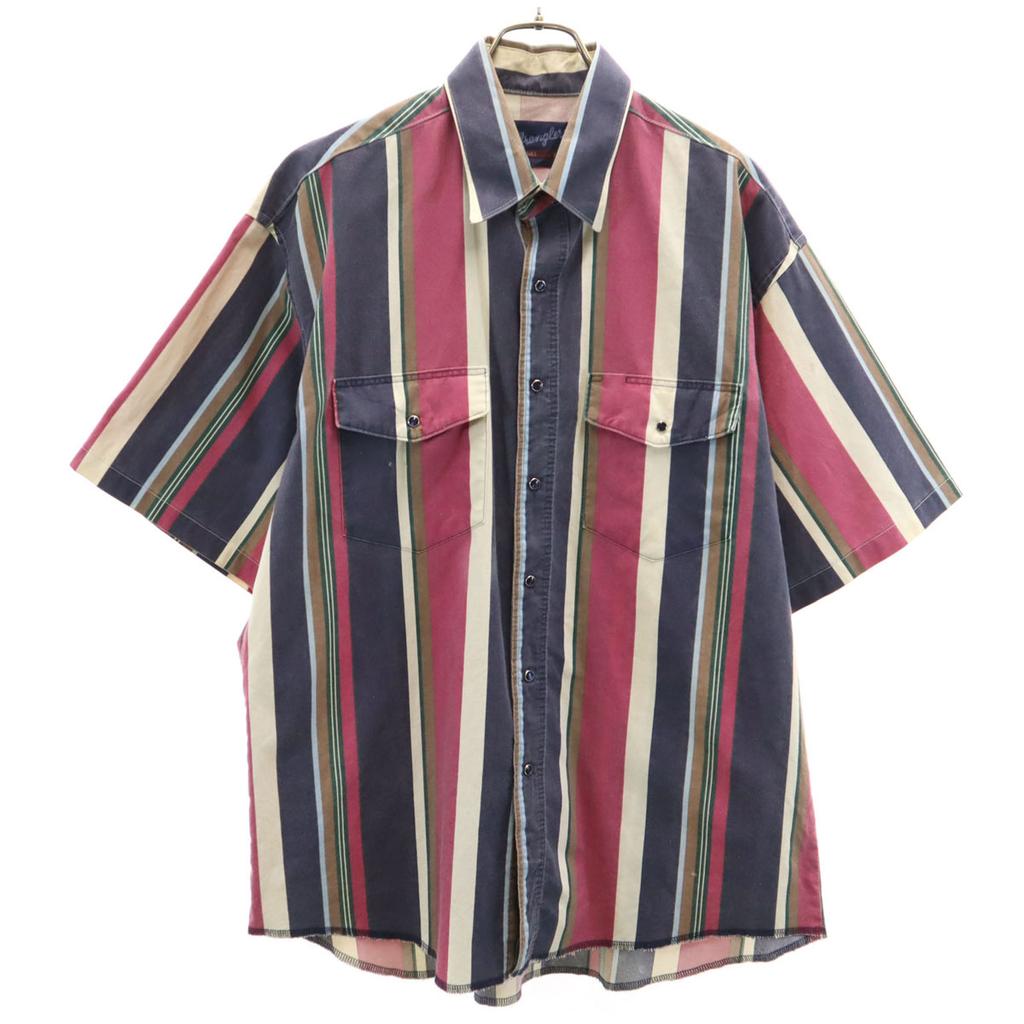 Wrangler 90s Old Striped Pattern Short sleeve shirt 17 Navy Men's Used