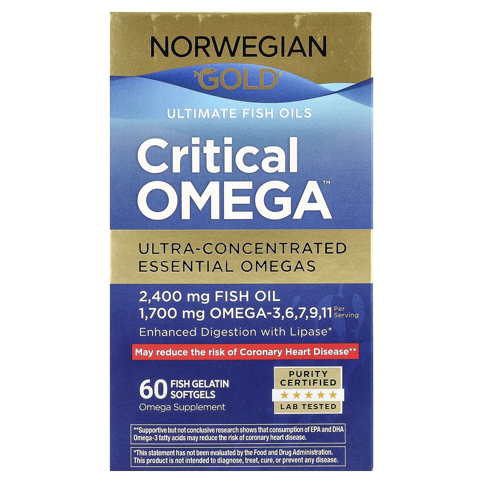 

Renew Life, Norwegian Gold®, Critical Omega™ Ultimate Fish Oil, Fish Gelatin Softgels, 60 Softgels