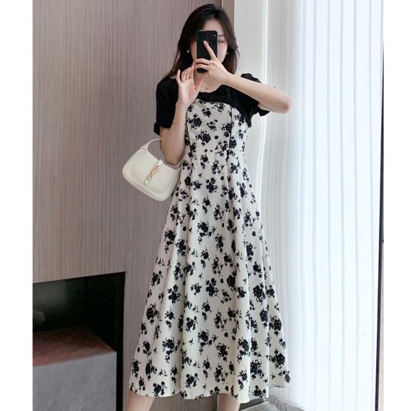 2025 Summer French Bellflower Floral Camisole Dress with Faux Two-Piece Design and Waist-Cinching Patchwork
