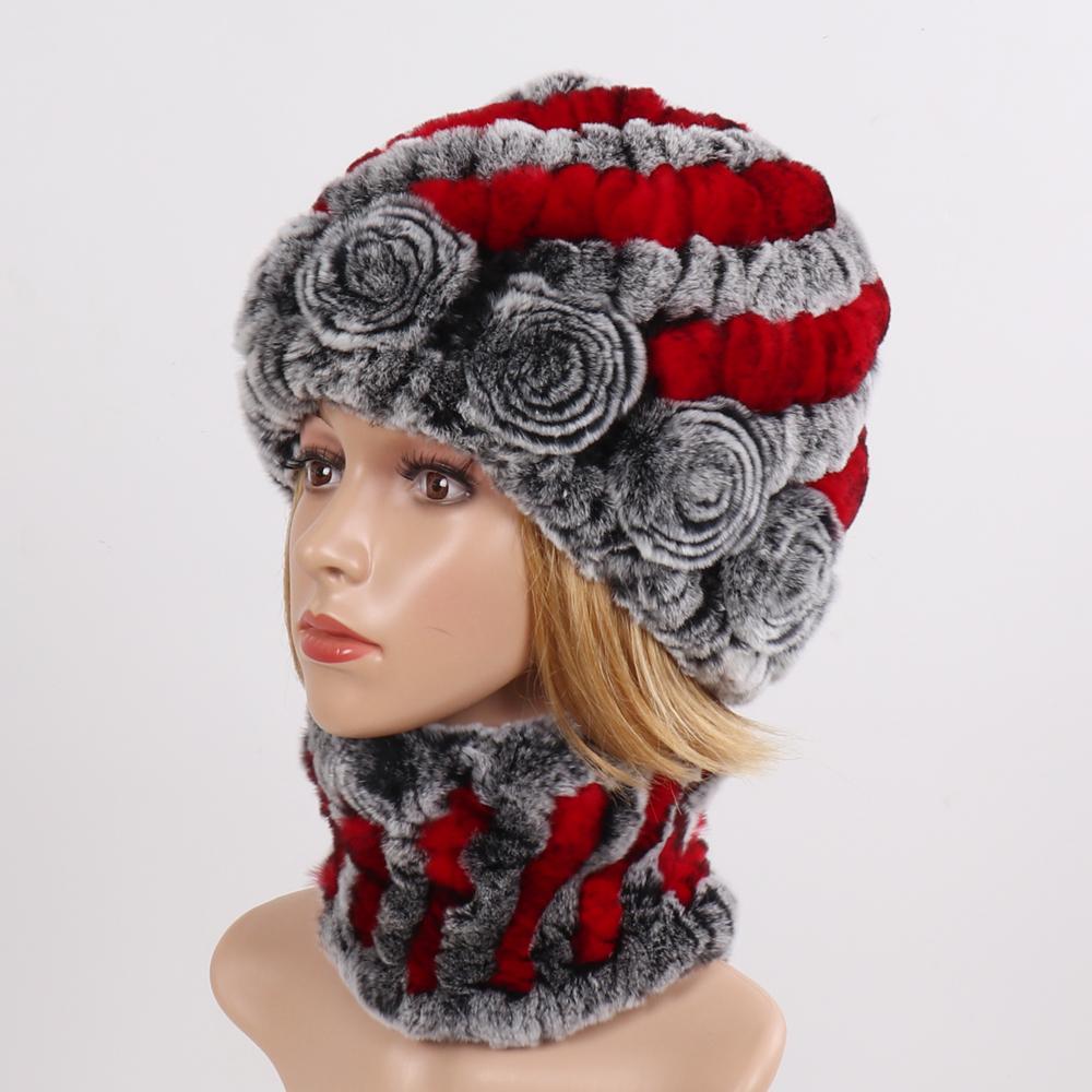 New Good Elastic Lady Winter Rex Rabbit Fur Hats Scarves Knitted Women Natural Fur Caps Scarves Sets 2 Pieces Hats Mufflers