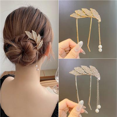 Eleganz Damen Schleife U-Form Strass Haarnadeln Metall Haarstäbe Haarspange Braut Hochzeit Bankett Haarschmuck Kopfschmuck