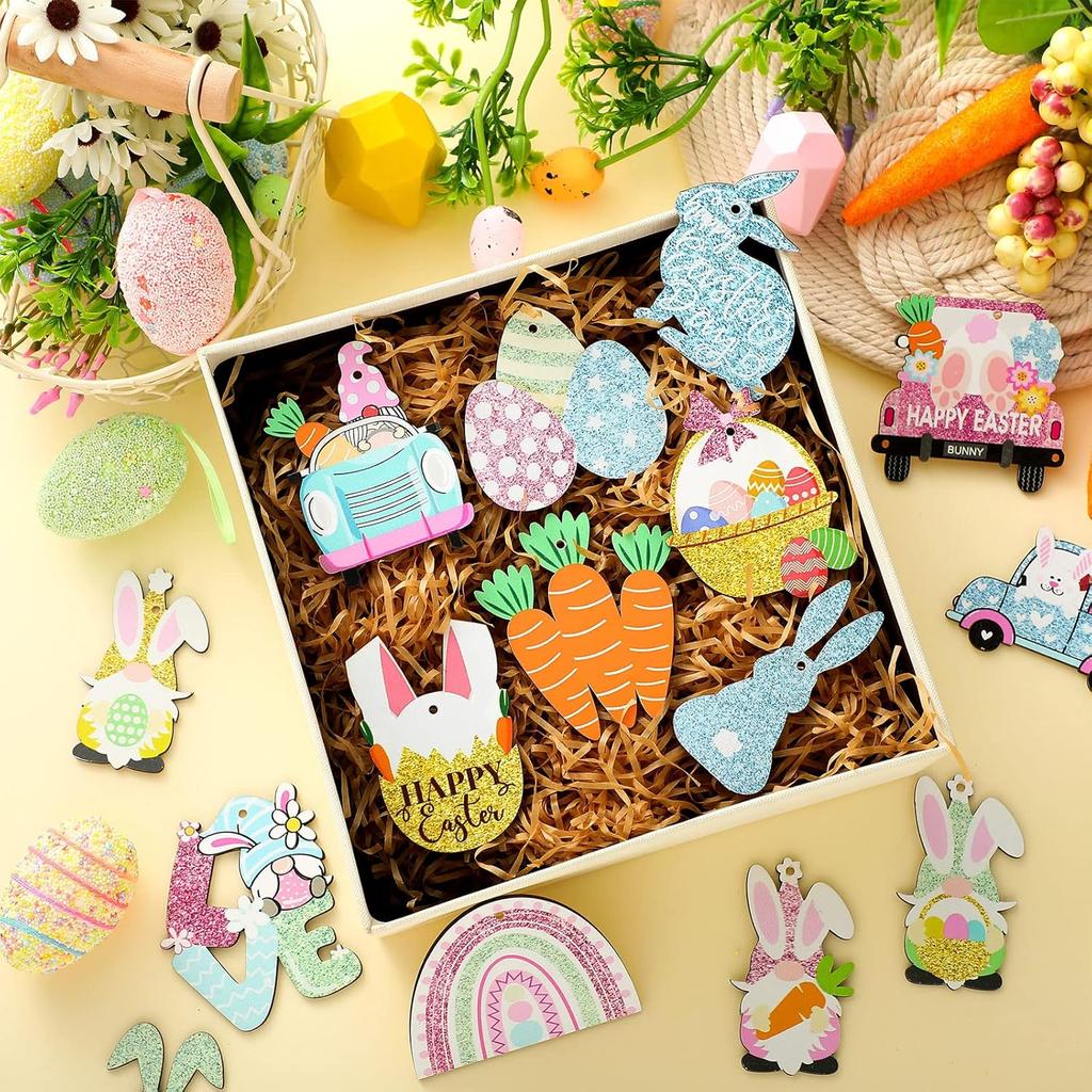 Kathfly 32 Pieces Easter Ornaments for Tree Pastel Spring Wooden Decorations Egg Gnome Bunny Carrot Basket Ornaments Hanging Spring Wood Cutouts
