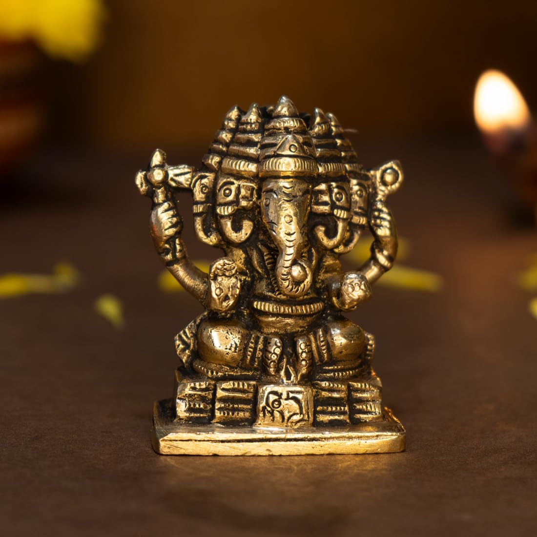 100% Pure Brass Panchmukhi Ganesha Idol, Pital Ganesh Ji Gajanan Murti - 7 Cm