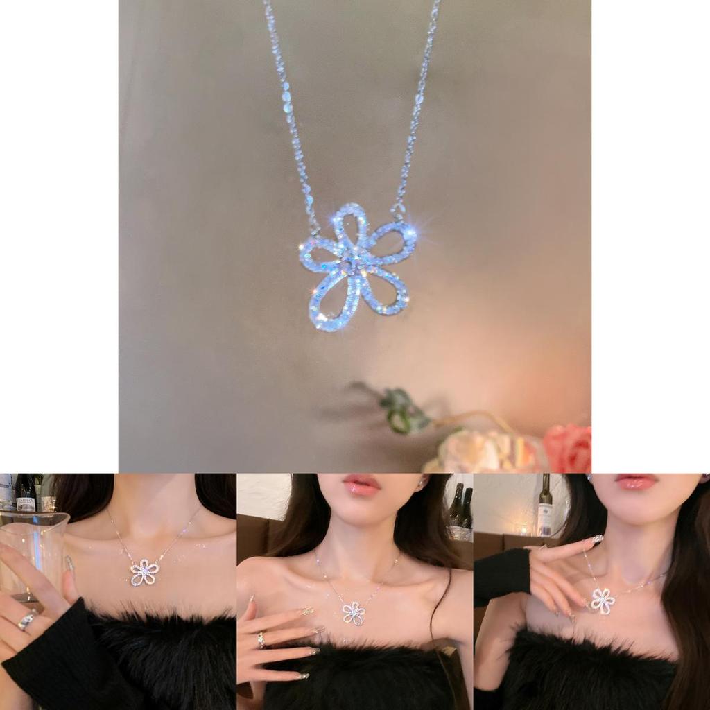 Copper Zircon Flower Pendant Necklace For Women With Sparkling Stone Embellishments