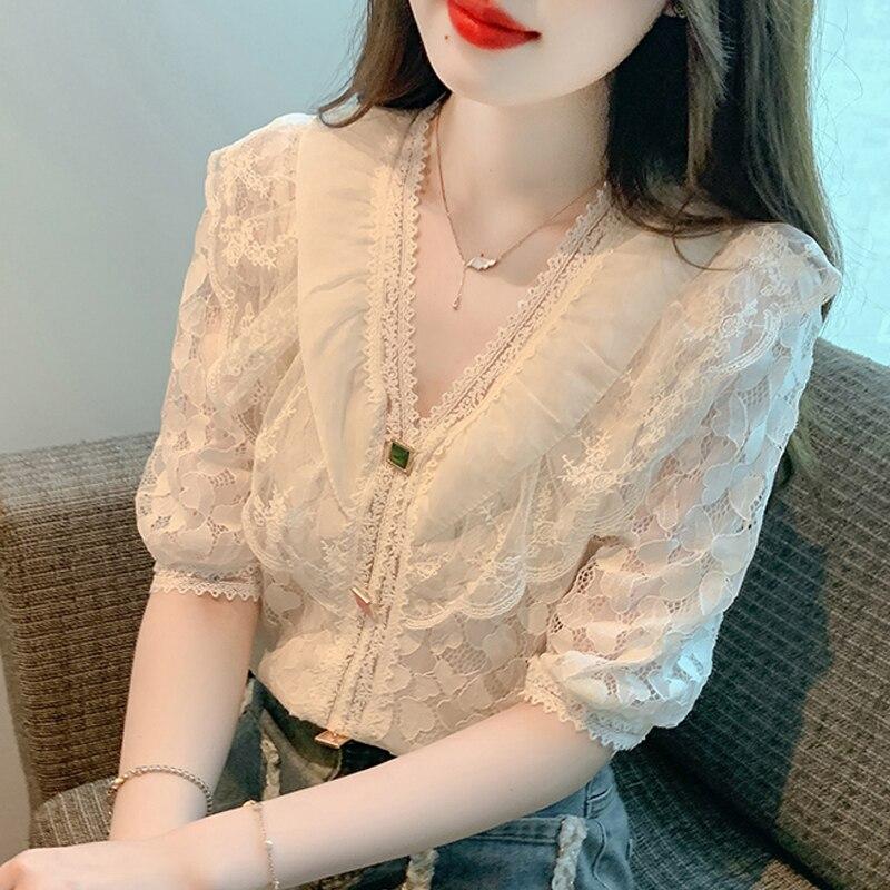 Summer Elegant Lace Chiffon Blouse And Shirt For Women 2026 Casual Ruffle Short Sleeve Top Sweet Ladies Loose Button Shirt 27045