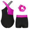 Girls Gymnastics Outfit Set Sleeveless Rhinestone Leotard with Matching Shorts and Hair Accessory
