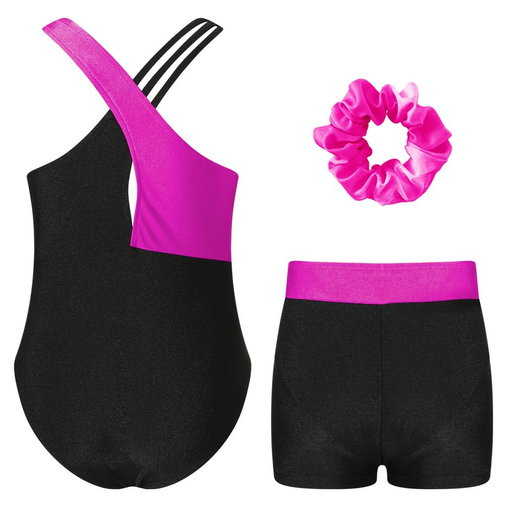 Girls Gymnastics Outfit Set Sleeveless Rhinestone Leotard with Matching Shorts and Hair Accessory