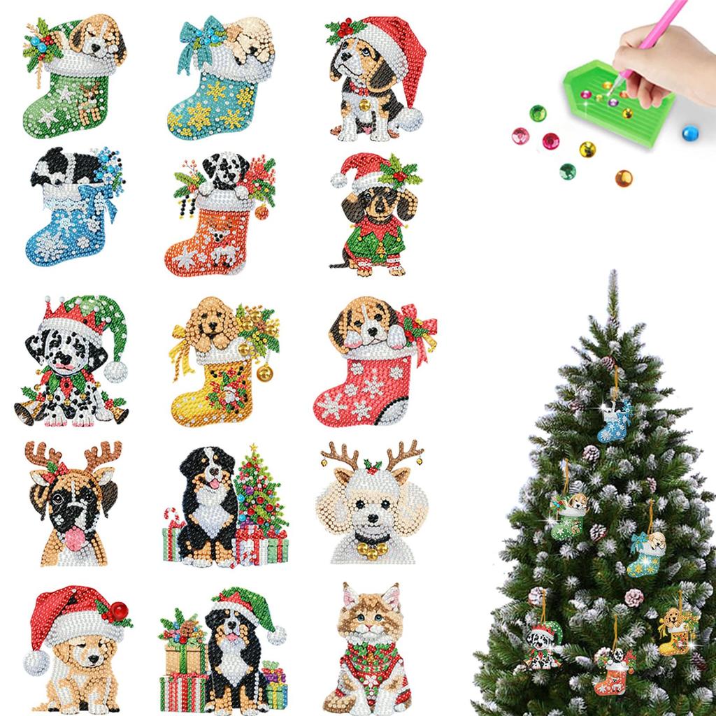 15pcs Xmas Theme 2D Flat DIY Hanging Diamond Art Kits Double Sided Drill Diamond Art Pendant Window Hanging Art for Home Decor