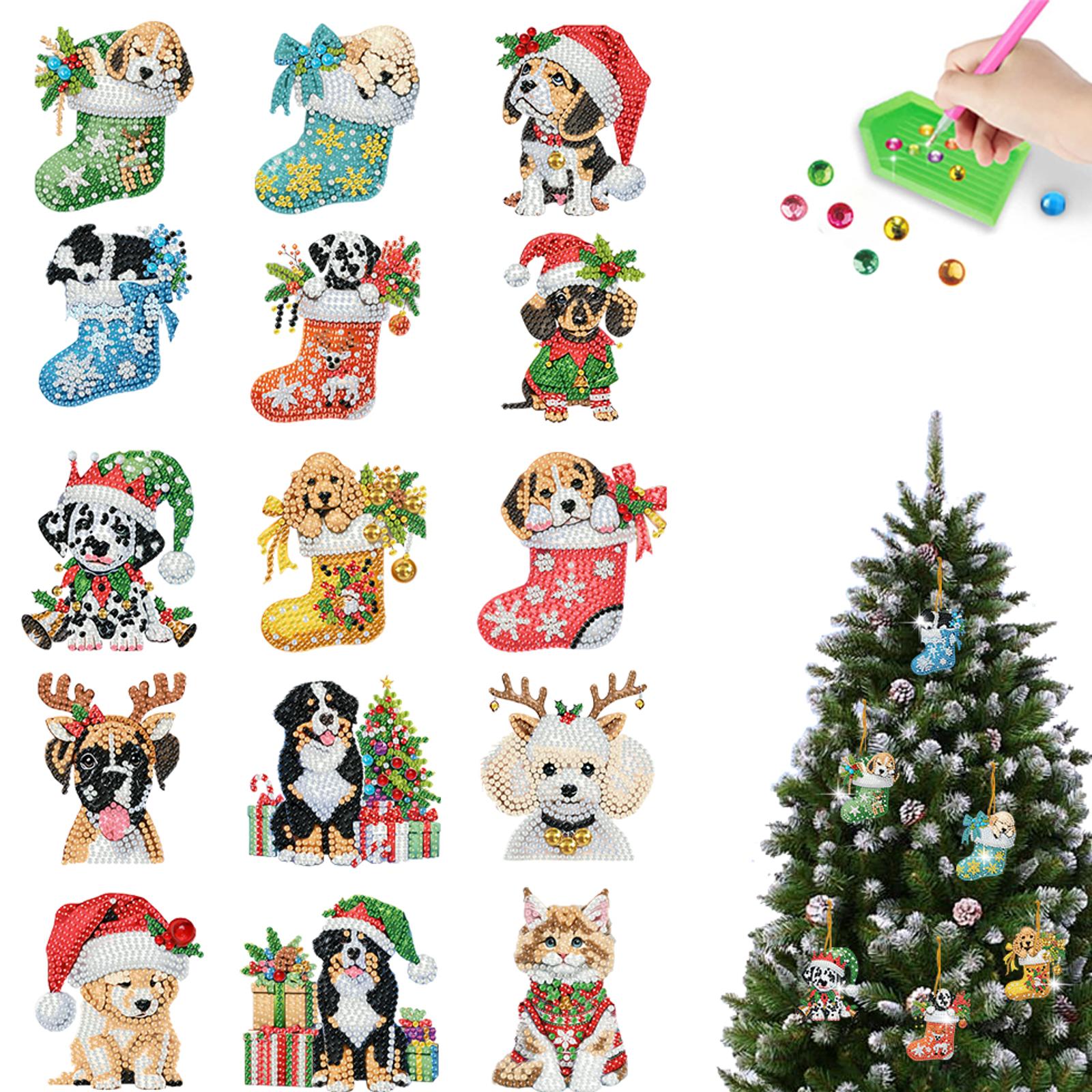 

15pcs Xmas Theme 2D/Flat DIY Hanging Diamond Art Kits Double Sided Drill Diamond Art Pendant Window Hanging Art for Home Decor