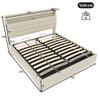 Upholstered Bed, 140 x 200 cm, without Mattress, LED Lighting, Hydraulic Mechanism, USB and Type-C Ports, Storage Compartment, Linen Fabric, Beige