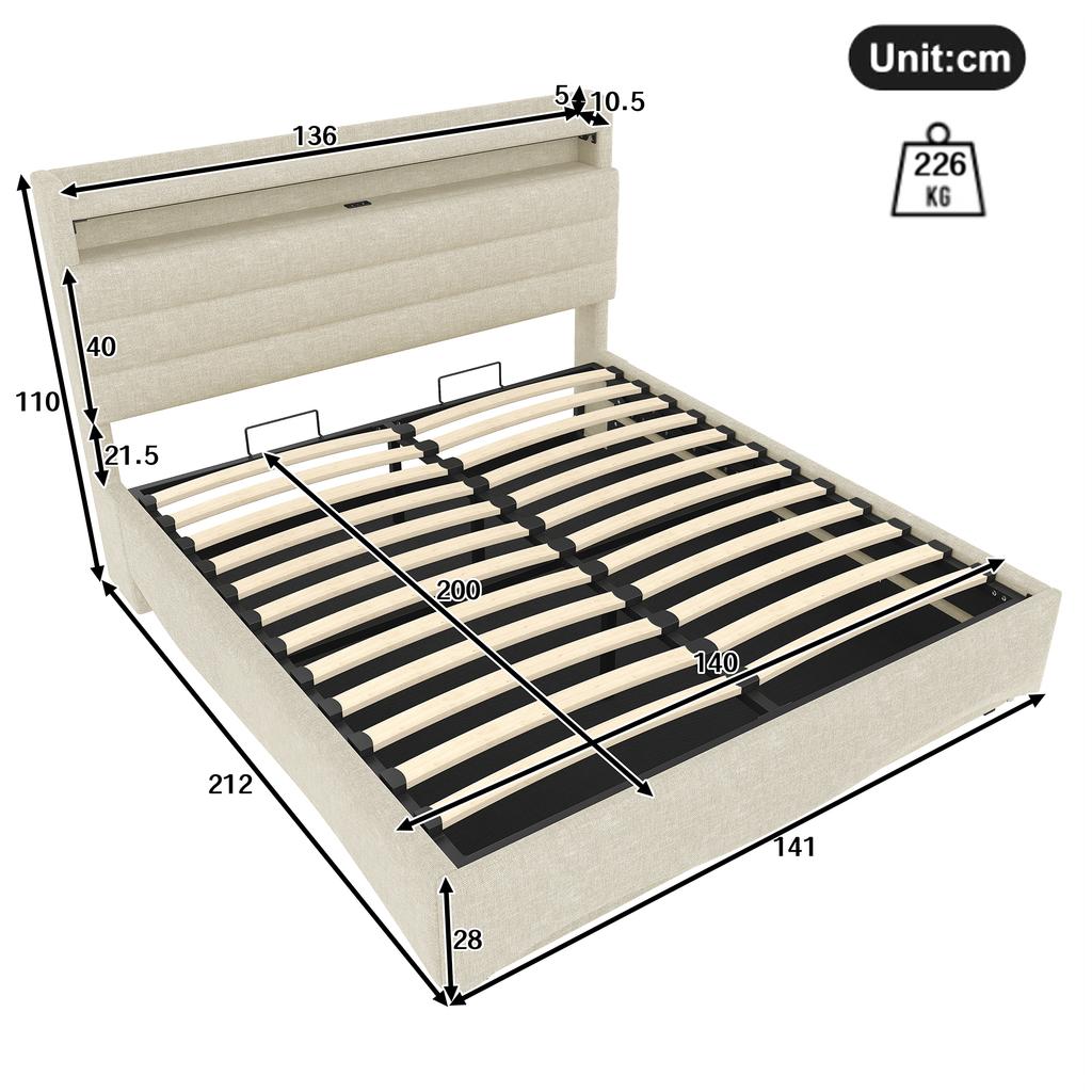 Upholstered Bed, 140 x 200 cm, without Mattress, LED Lighting, Hydraulic Mechanism, USB and Type-C Ports, Storage Compartment, Linen Fabric, Beige