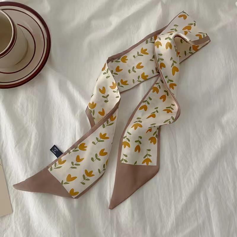 Small White And Tender Green Silk Scarf For Women, Thin Streamer, Headband, Hair Tie, Bag Decoration Long