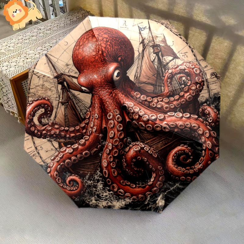 Ship Octopus pattern, automatic folding umbrella, portable and foldable design, 8 ribs, a Christmas or birthday gift.