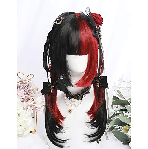 Harajuku-style GAL-kei women's full wig, long, straight, black, red, and double-colored, Lolita style.