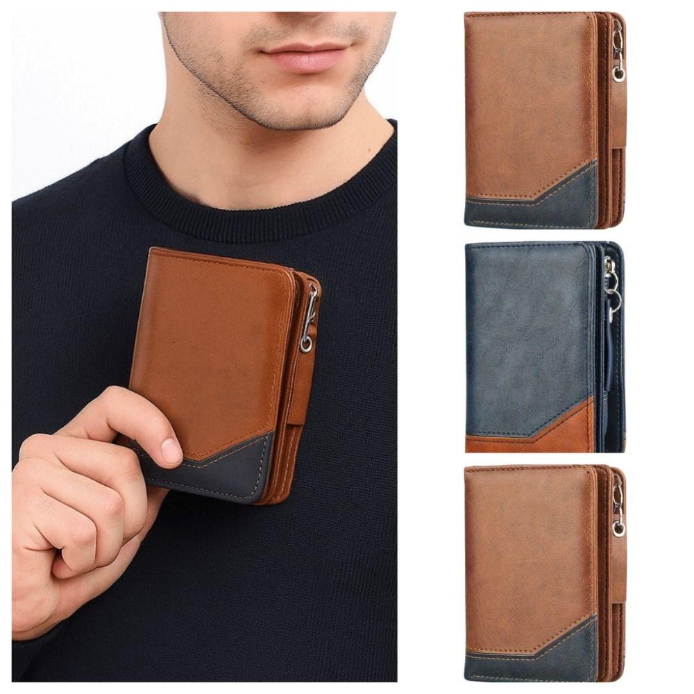 Color Blocking Business Clutch Bag Zipper Men Card Holder Vintage Men Short Wallet  Travel