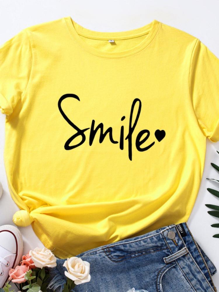 Simple Style Smile Letter Print T Shirt Women Short Sleeve O Neck Loose Tshirt Ladies Tee Shirt Tops Clothes Camisetas Mujer
