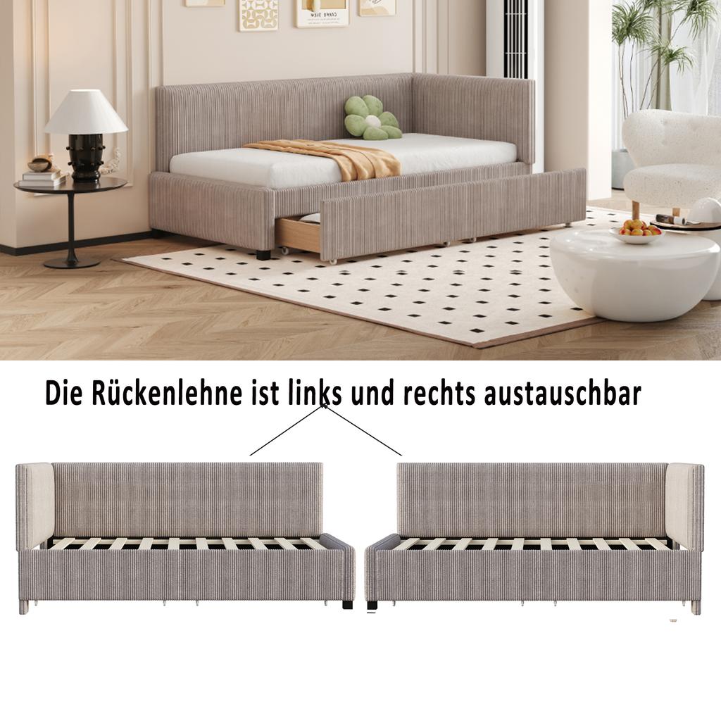 Upholstered Bed Sofa Bed 90*200 Multifunctional Bed with 2 Large Storage Drawers and Slatted Frame Skin-friendly Velvet Fabric Grey