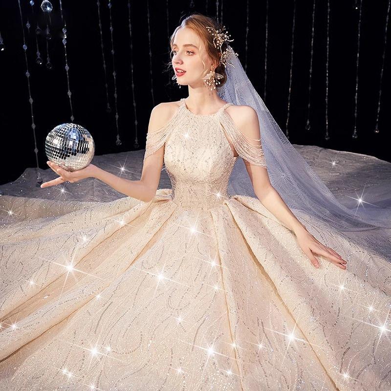 French Vintage Wedding Dress - Luxe Princess Ball Gown with Heavy Embroidery, Cathedral Train Bridal Dress