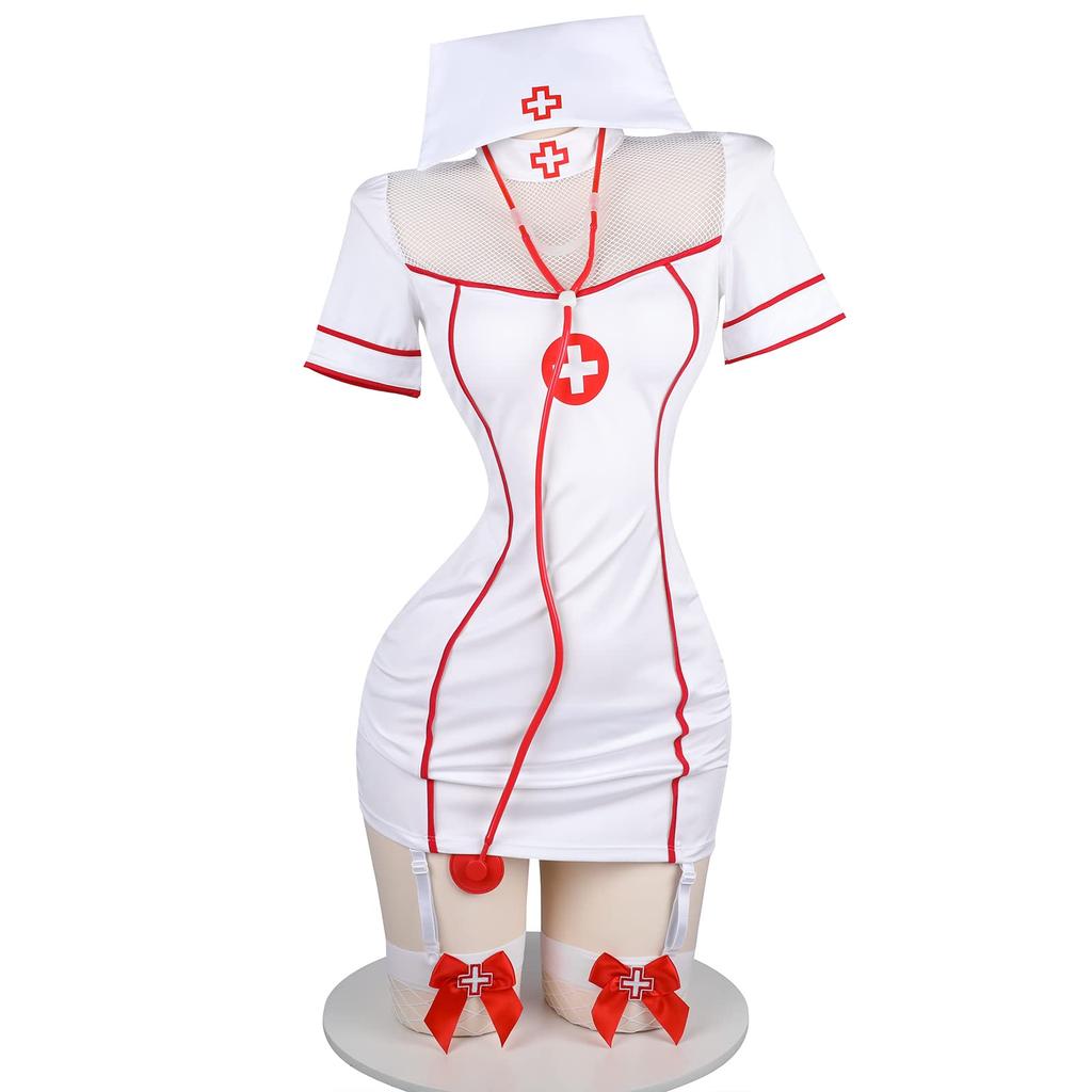Sexy Nurse Uniform Cosplay Uniform Jerry Nurse Emotional Training Naughty Moe Costume 5 Piece Set Costume Necklace Stethoscope Stockings Gloves