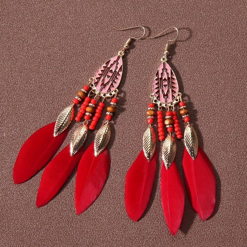 Vintage Bohemian Feather Tassel Earrings Exaggerated Ethnic Vacation Dangle Ear Jewelry Fashion Accessories For Women