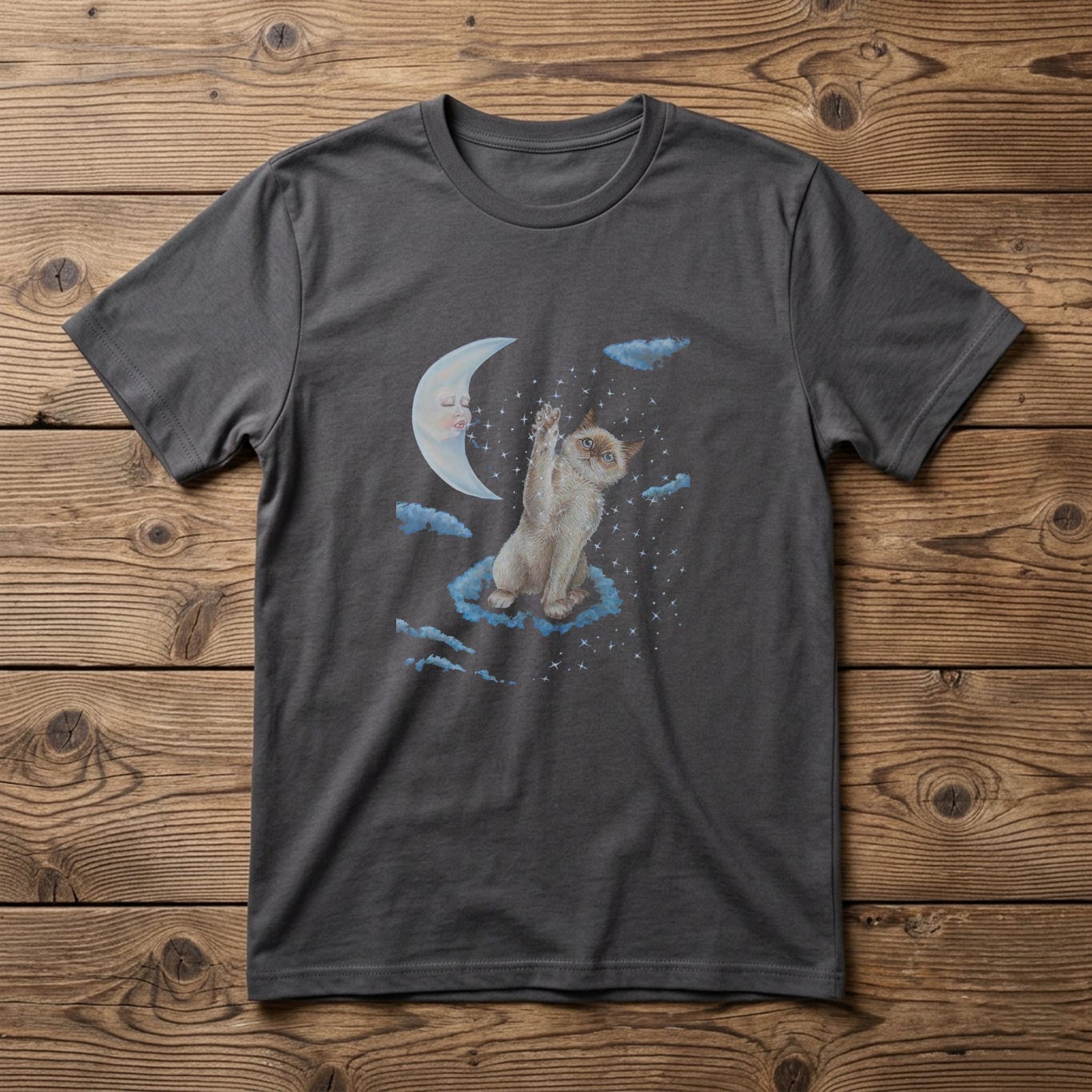 Cat Reaching Moon T shirt, Celestial Cat Lover Apparel, Unisex Gothic Style L