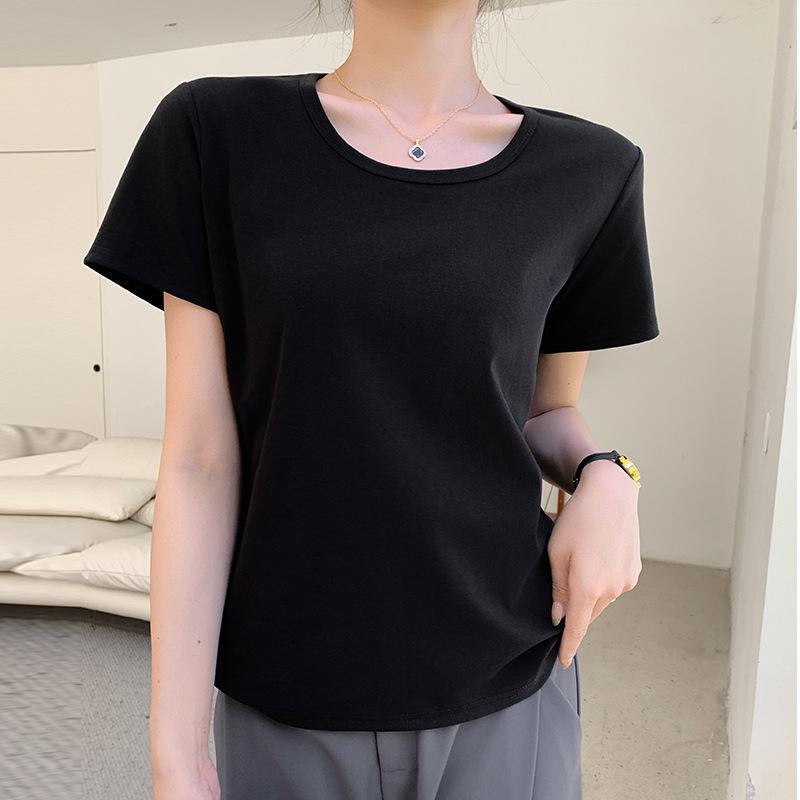 Pure Cotton Crew Neck Shoulder Shirt Women's Summer Wear Loose and Thin Short-sleeved Bottoming Shirt Top