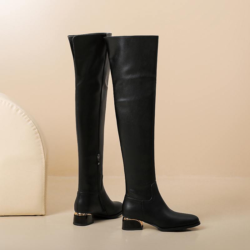 Krazing Pot Cow Skin Microfiber Round Toe Med Heels Over-the-knee Boots Size 46 Size 45 Slip on Plus Size Women Keep Warm Long Boots