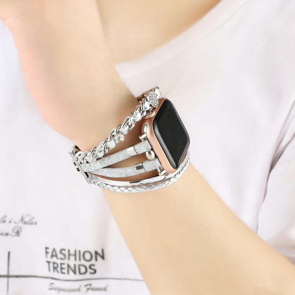 Bling Weave Armband Riemen Lederschlaufe Für Apple Watch Band Damen Serie S11 10 9 8 40mm 41mm 38mm 42mm 44mm 45mm 46mm