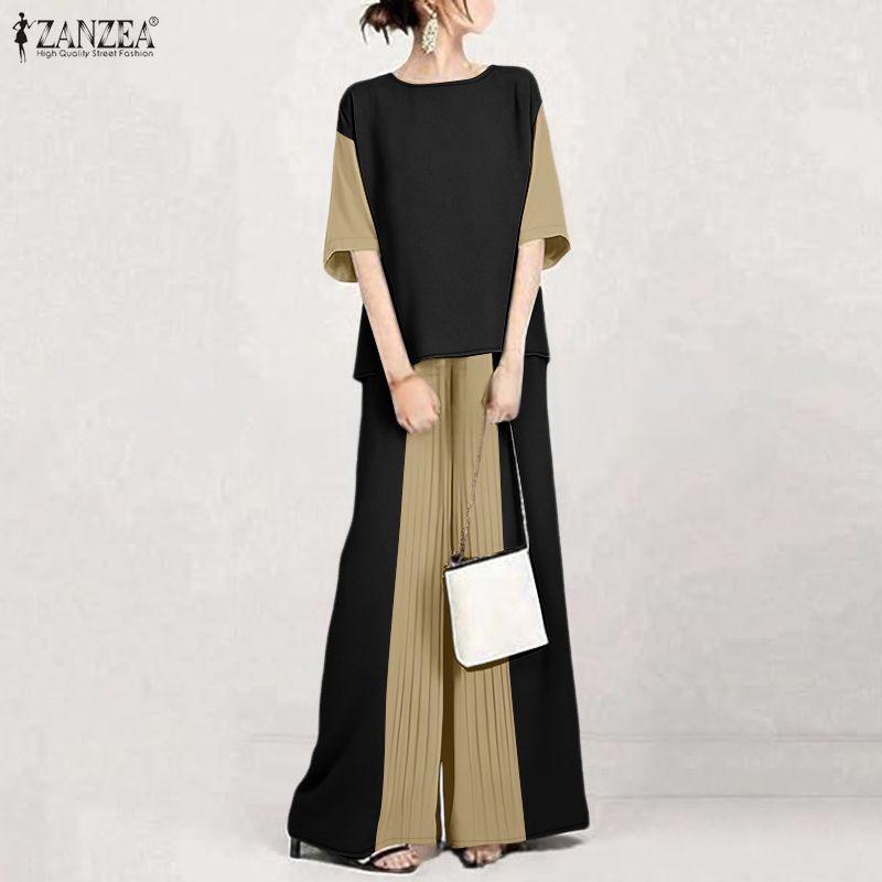 ZANZEA Women Half Sleeve Blouse and Loose Wide Leg Pants Casual Two Piece Suit Sets