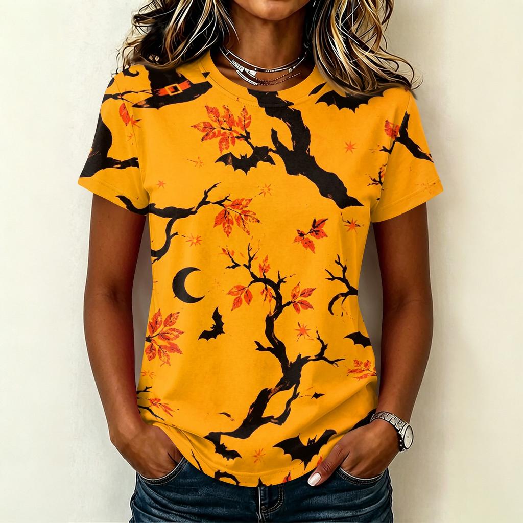Ladies Casual Pullover Short Sleeve T Shirt Halloween Print Crew Neck Top Halloween Themed Graphic Tee for Women