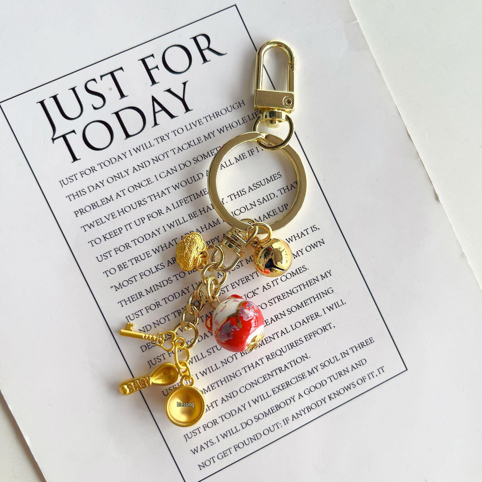 J2007 Vintage Longevity Lock Ceramic Rice Bowl Lucky Cat Pendant Keychain & Bag Charm
