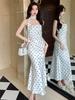 White Polka Dot Bodycon Spaghetti Strap Dress for Women - Summer French Style