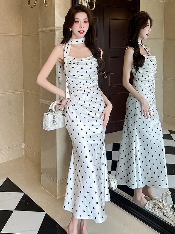 White Polka Dot Bodycon Spaghetti Strap Dress for Women - Summer French Style