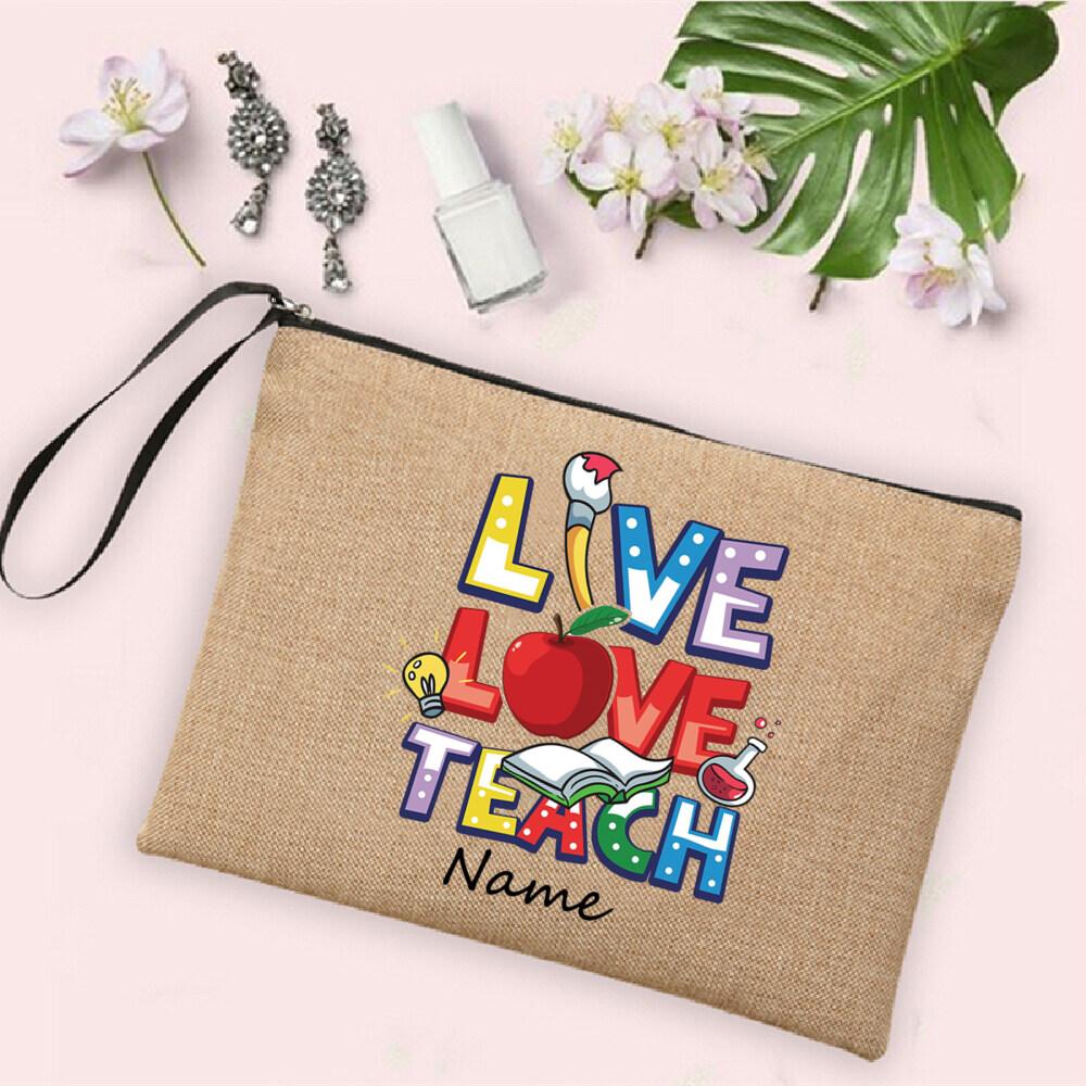 Rainbow Teacher Pencil Case Personalized Custom Name Linen Stationery Supplies Storage Bags Travel Neceser Makeup Bag Best Gifts