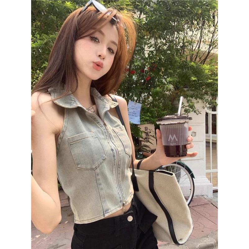Plus Size Backless Denim Halter Vest Top for Women - Summer Slim Fit