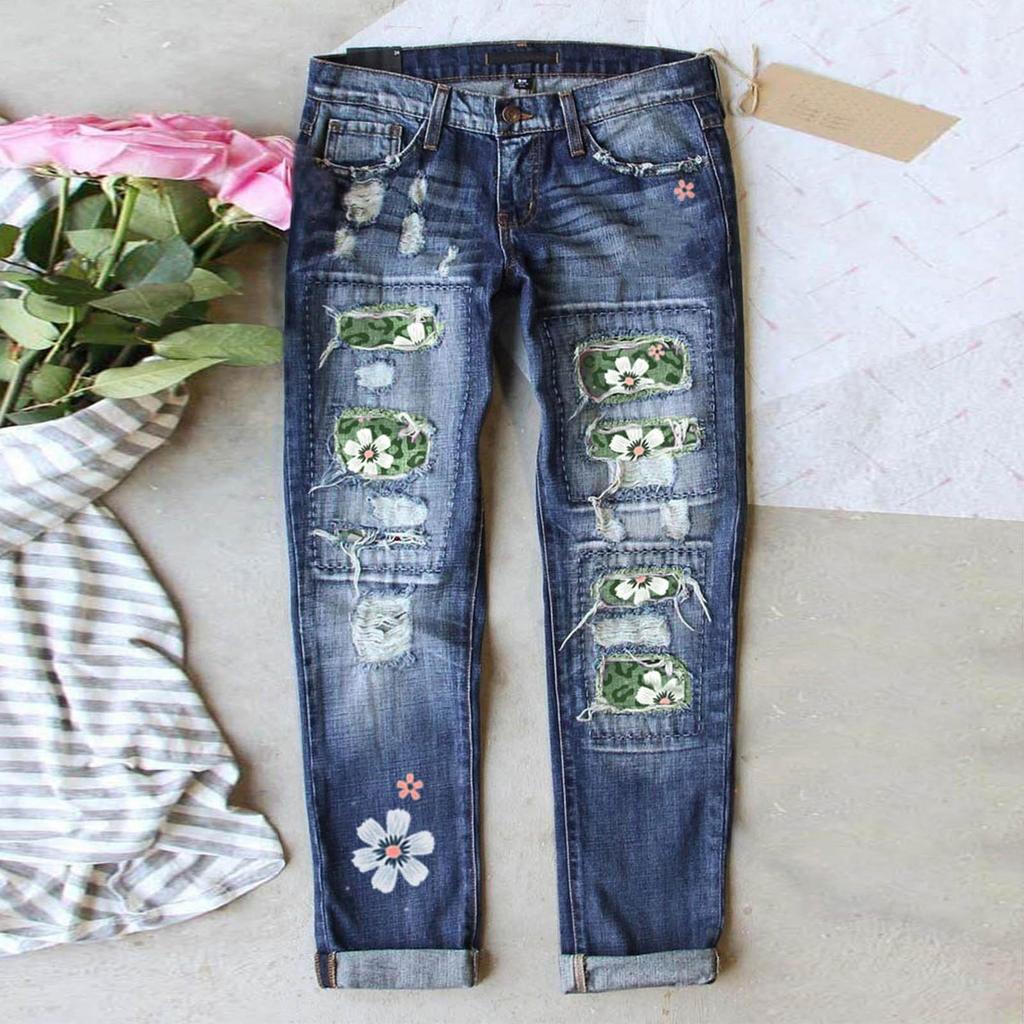 Jeans elasticizzati stampati a fiori blu da donna Pantaloni a vita alta Pantaloni skinny strappati con toppe in denim distrutto
