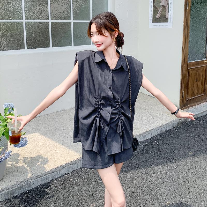 Trendy 2024 Drawstring Sleeve Shirt and Shorts Set: Stylish, Youthful, Two-Piece Casual Outfit