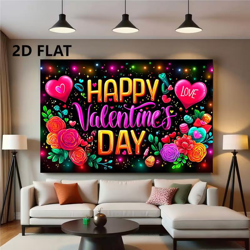 2D Valentines Day Party Tapestry, "Happy Valentine's Day" Print with Hearts, Flowers and Sparkles Photo Banner