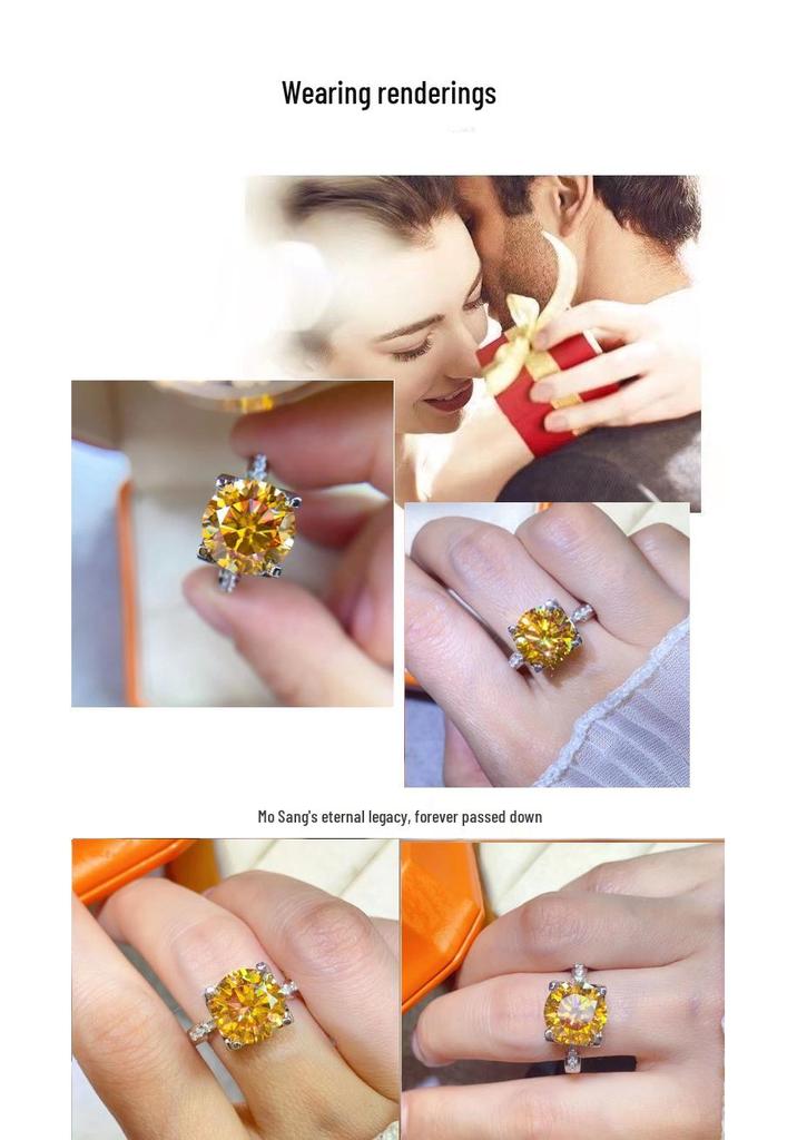5-Carat Yellow Moissanite Round Gold Diamond Ring, European & American Slim Waist Style, Platinum Finish