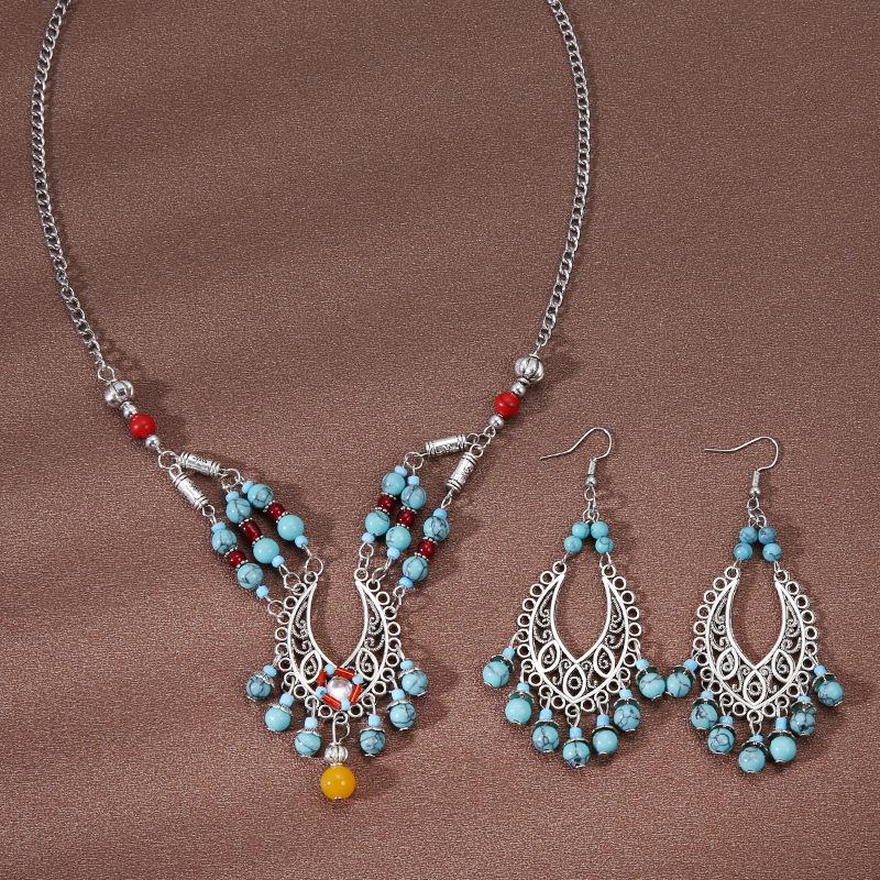 Böhmisches Retro Halsketten- & Ohrring-Set: Ethnischer Stirnschmuck im tibetischen Stil