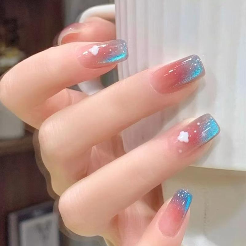 Cat's eye wearing nail piece, blue French sky removable nail piece, simple fine flash nail patch 24 pieces