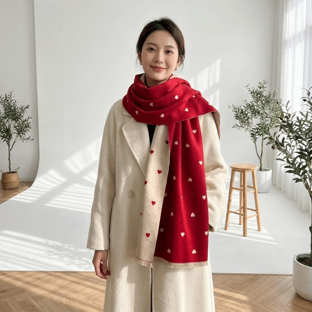 Soft Double Sided Heart Pattern Scarf Elegant Wrap Scarf Fashion Warm Shawl Daily Wear