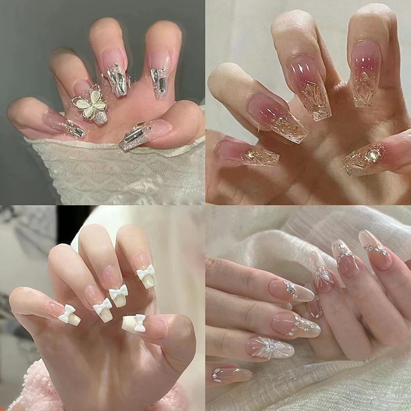 24Pcs Simple Fake Nail With Jelly Glue Butterfly Design Pink White Gradient French Press On False Nails Full Cover Nail Tips